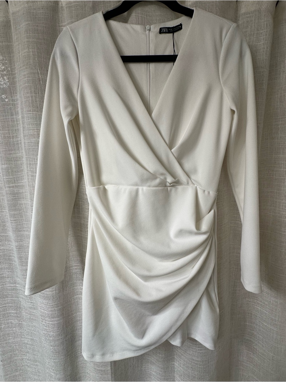 Zara White Long-Sleeve Draped Wrap Mini Dress